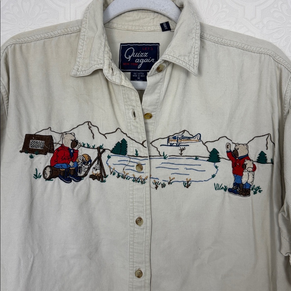 Vintage Quiz Again Embroidered Bear Corduroy Button Up Medium Camp Shirt Novelty